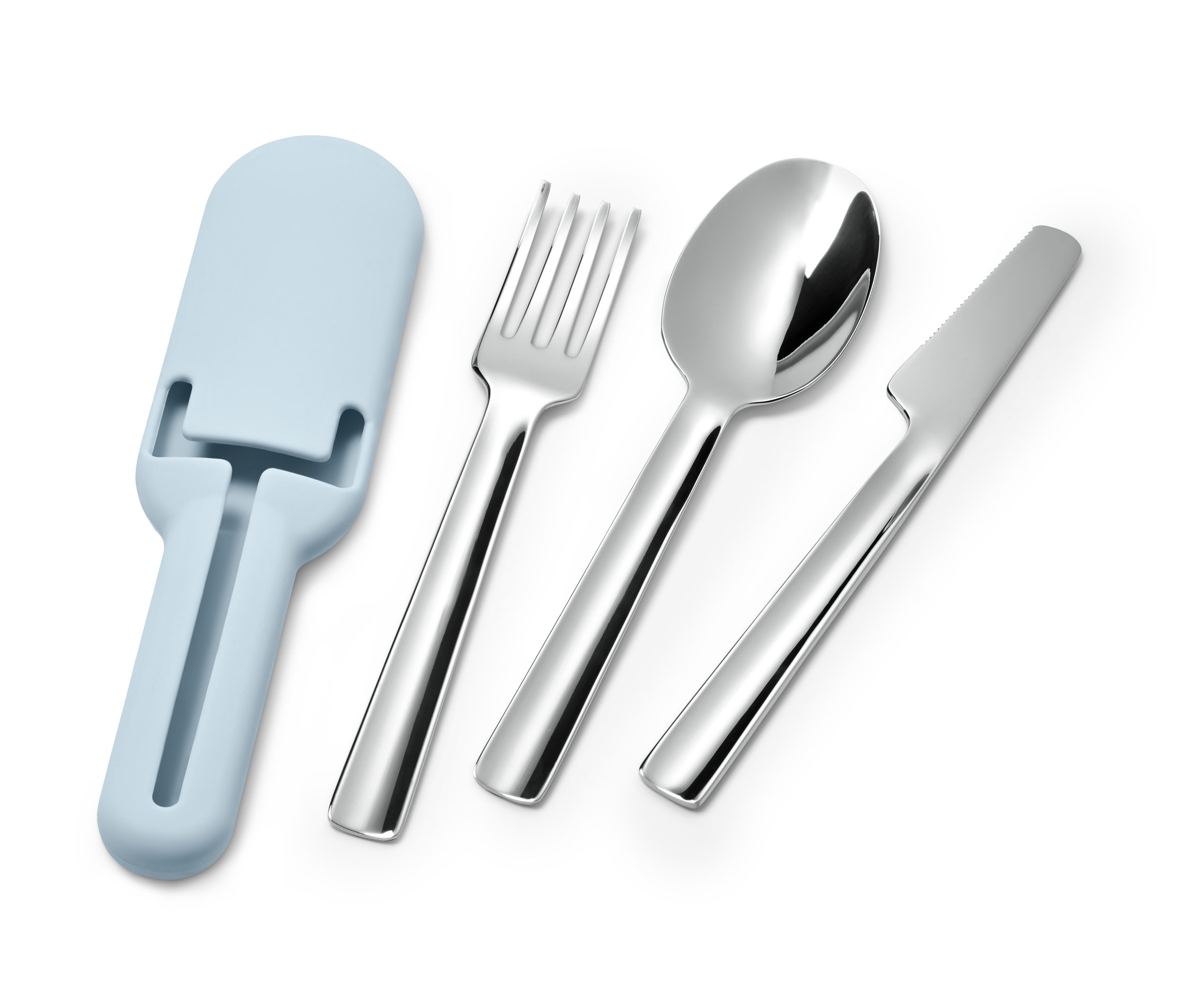 Sztućce turystyczne z widelcem, łyżką, nożem i jasnoniebieskim etui.