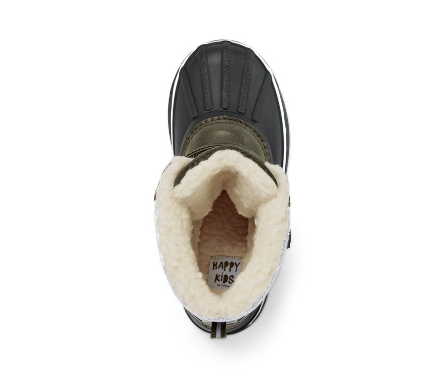 Szczegółowy widok z góry oliwkowo-zielonego i czarnego buta na każdą pogodę z białą pluszową podszewką.