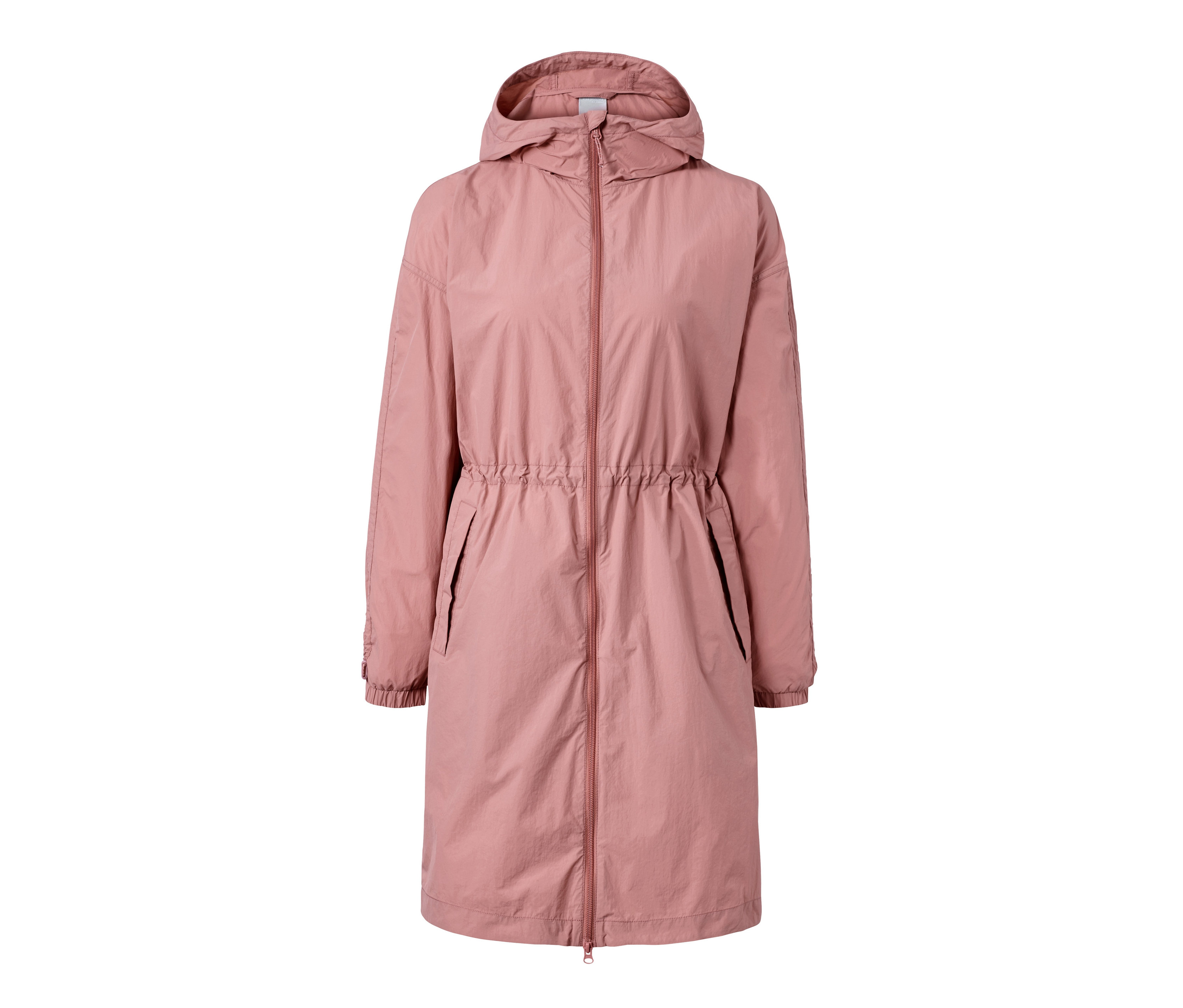 Różowa lekka parka z kapturem i zamkiem błyskawicznym.