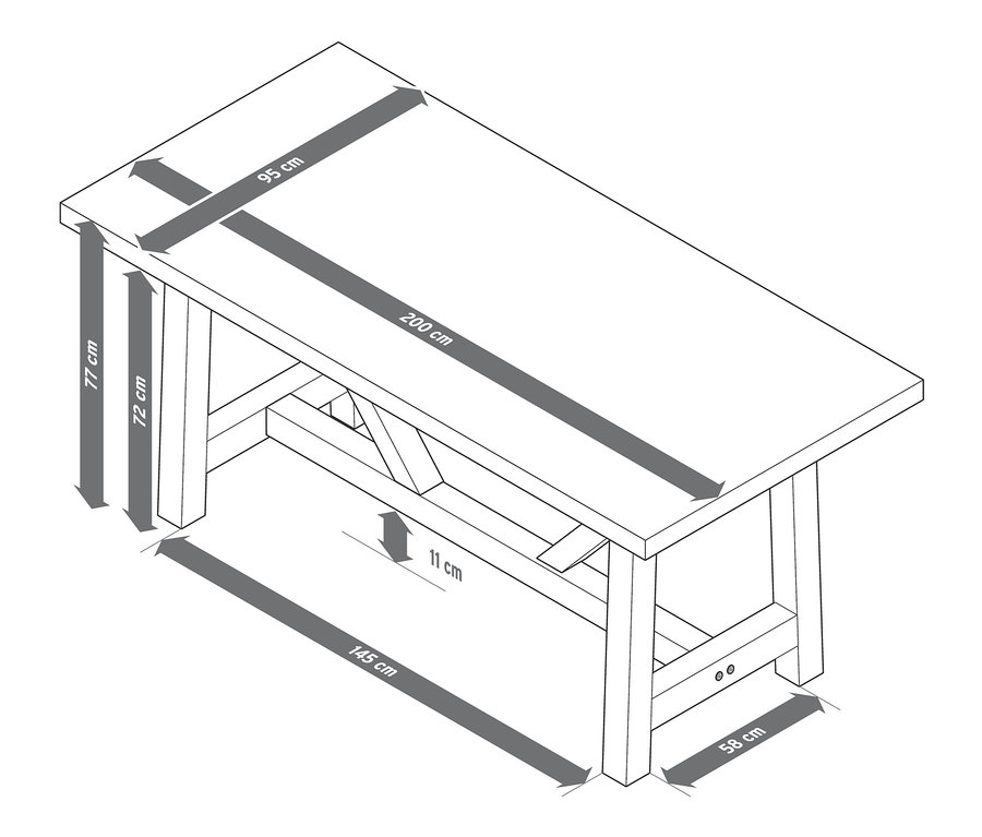Rysunek stołu do jadalni z betonowym blatem i wymiarami.