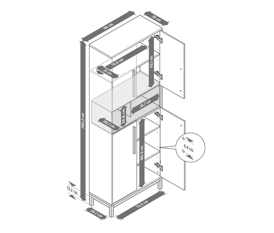 Wymiary wysokiej szafki łazienkowej »Eklund« w kolorze białym i antracytowym z otwartymi drzwiami.