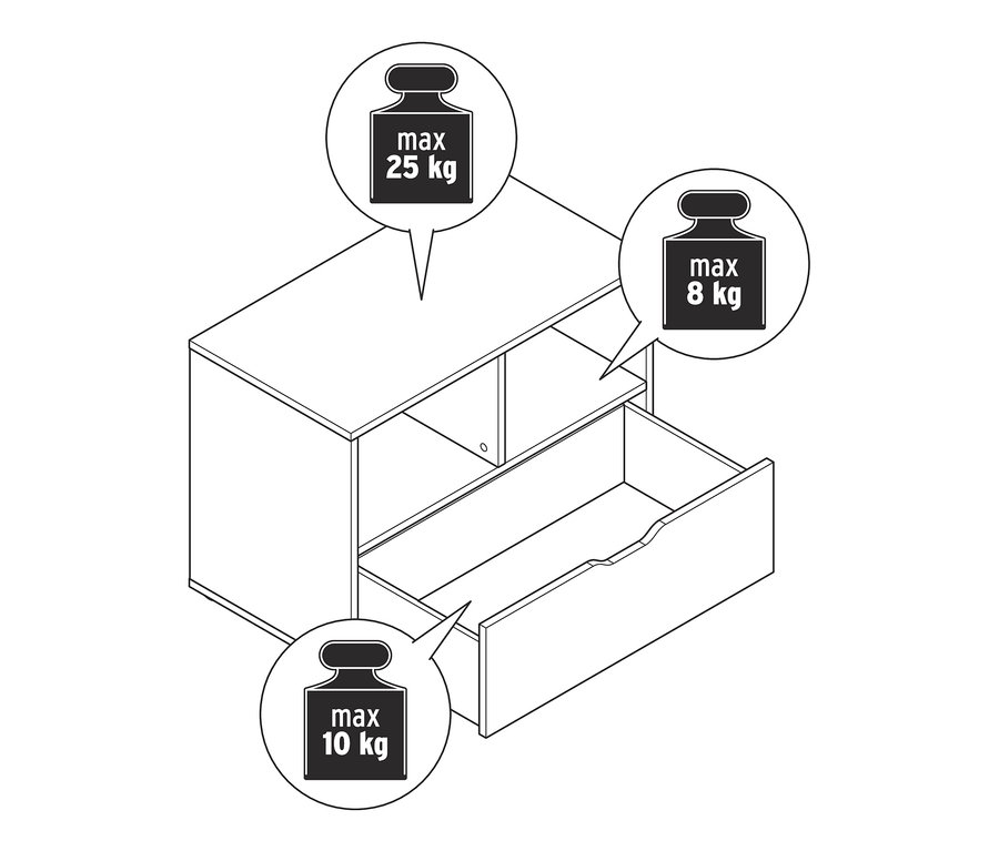 Szafka z szufladą z otwartą szufladą i maksymalnymi limitami wagi.