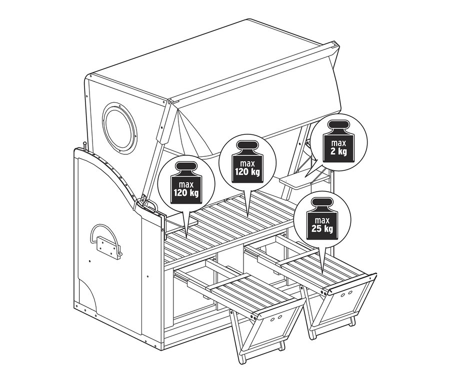 Rysunek kosza plażowego Premium XL z dwoma rozkładanymi stolikami.