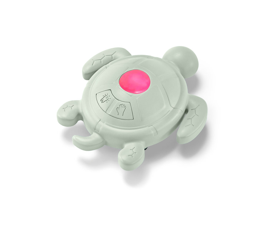 Szary minutnik do mycia rąk i szczotkowania zębów w kształcie żółwia z różowym światłem pośrodku.
