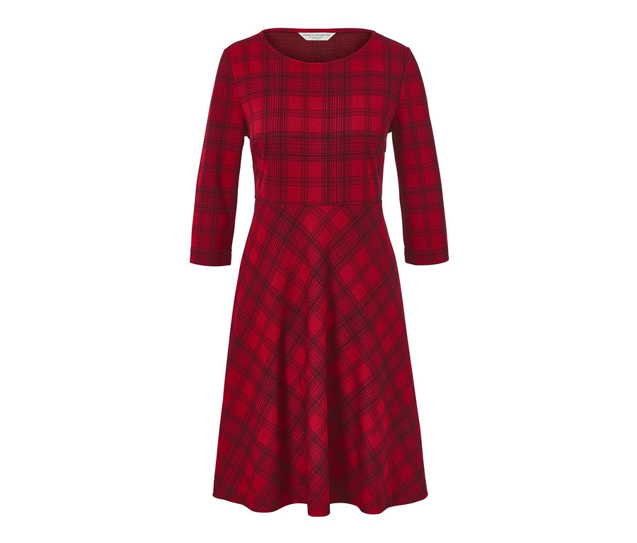 Czerwona żakardowa sukienka w kratę z rękawami o długości 3/4.