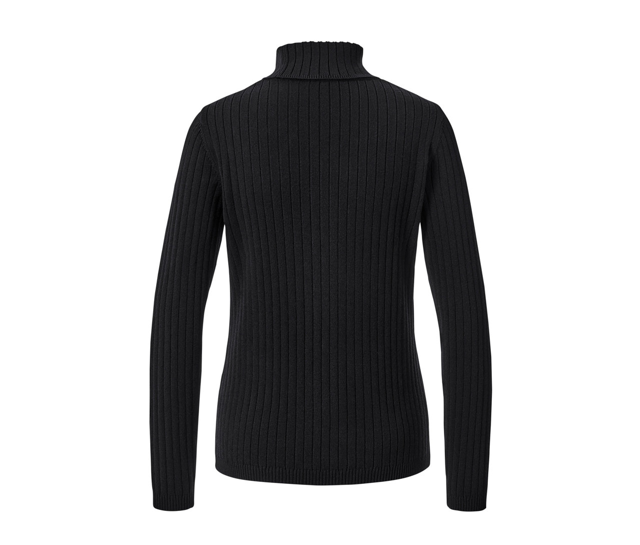 Czarny golf z dzianiny o splocie ściągaczowym.