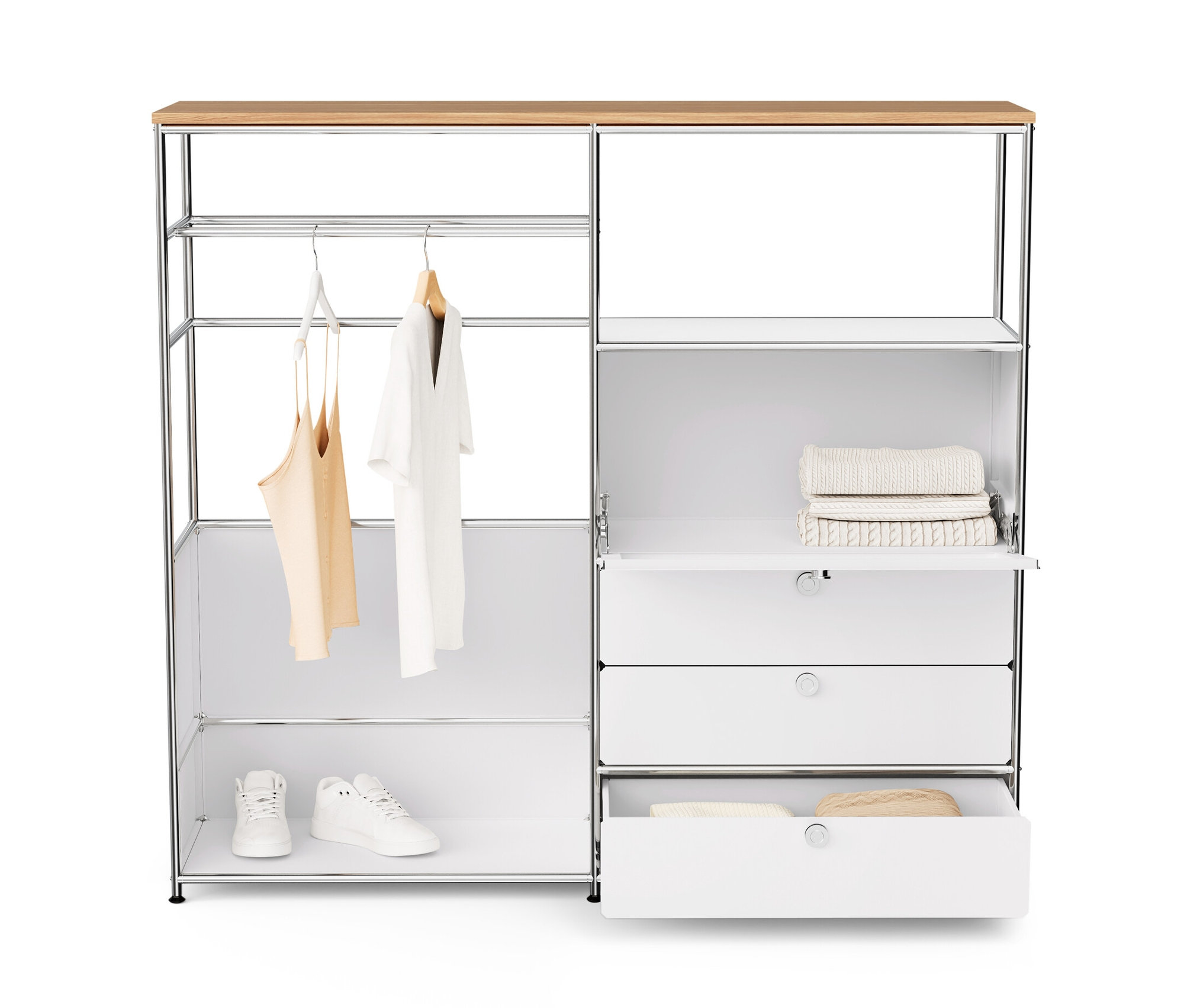 Biała metalowa komoda „CN3” z drewnianym blatem, drążkiem na ubrania, klapą i 3 szufladami. Na drążku wiszą ubrania, a na półkach leżą buty i swetry.