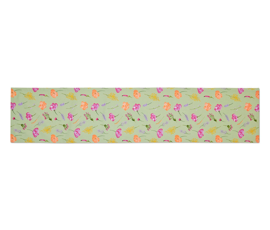 Bieżnik, szałwiowy z kwiatowym nadrukiem.