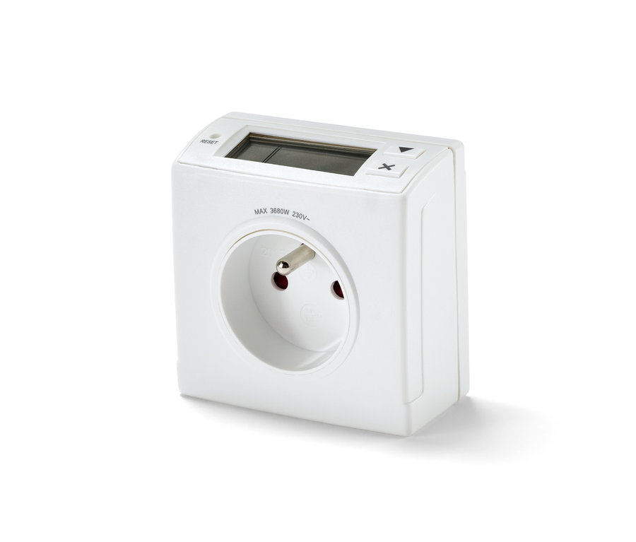Biały licznik zużycia energii z małym wyświetlaczem.