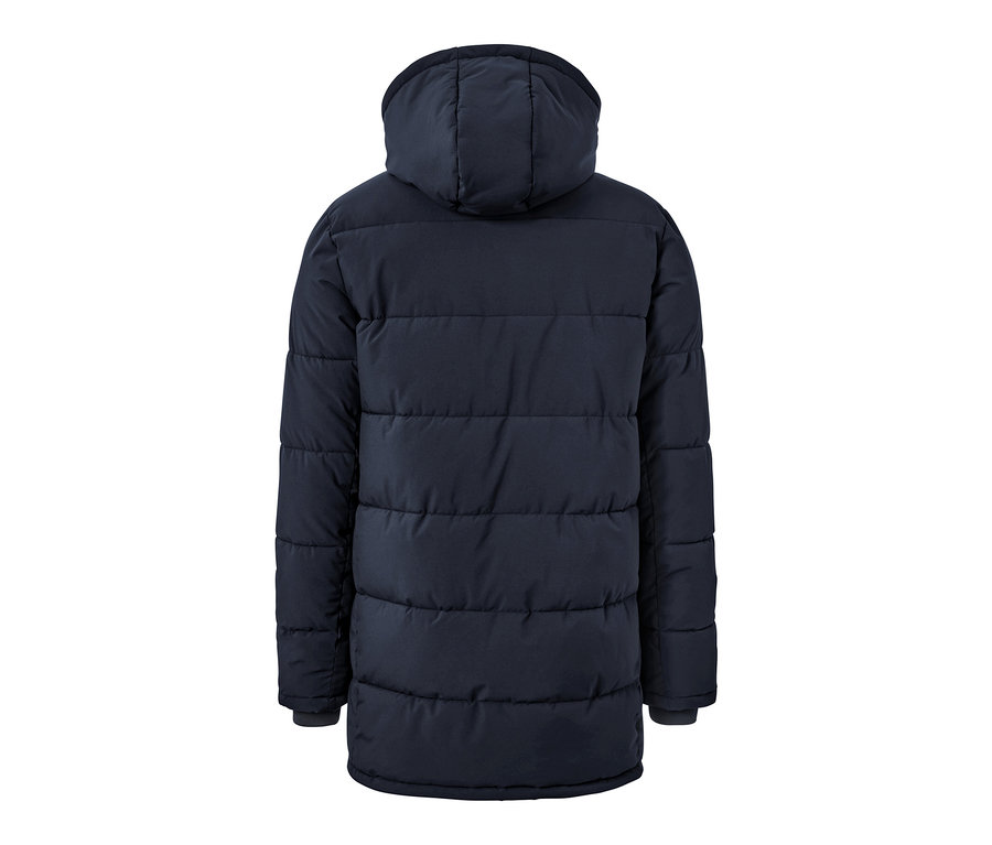 Widok z tyłu granatowej pikowanej parki z kapturem.