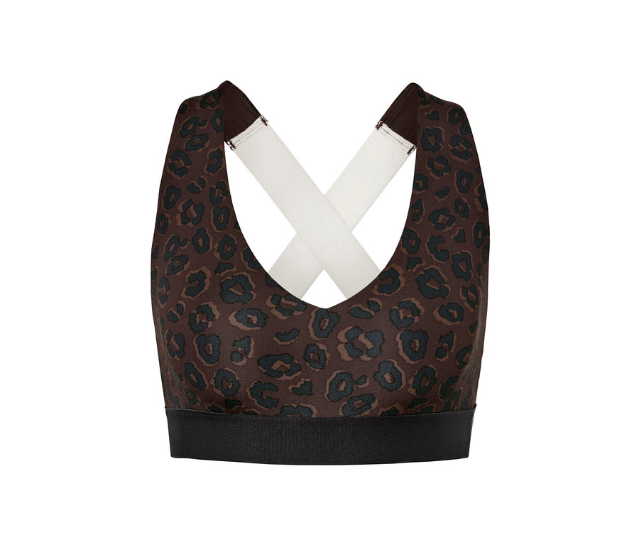 Brązowo-czarny stanik sportowy.