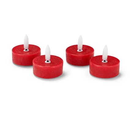 Cztery czerwone świeczki typu tealight LED z prawdziwego wosku.