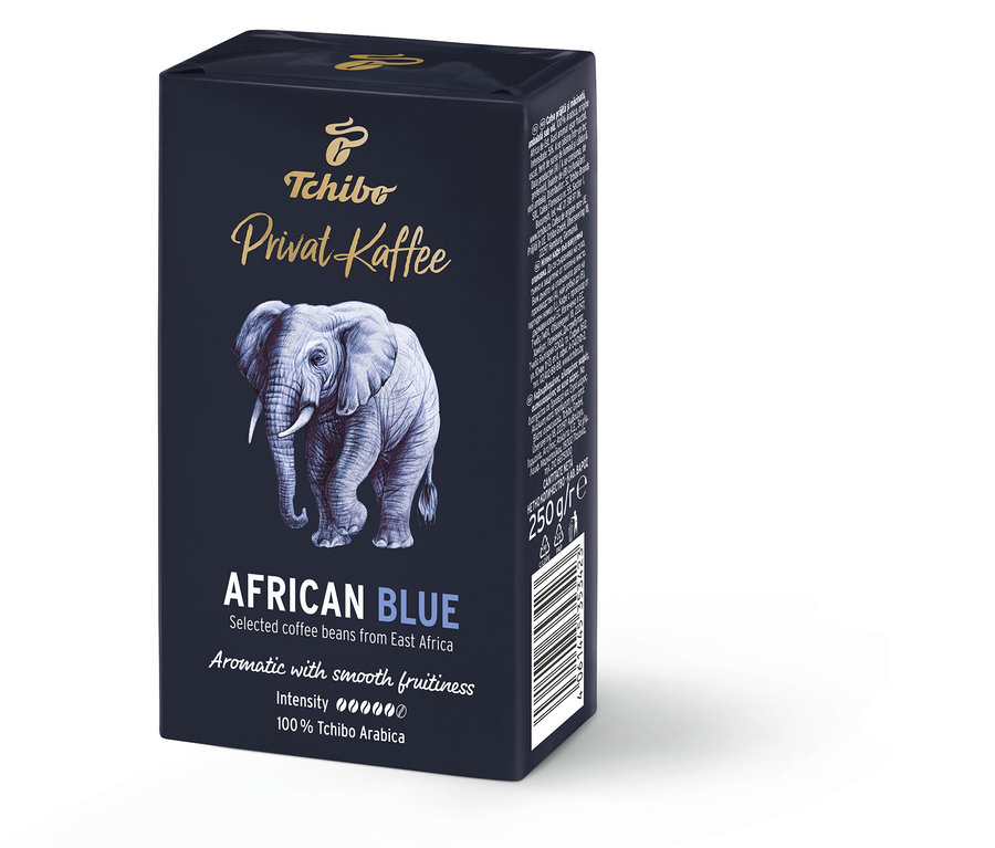 Opakowanie kawy mielonej Privat Kaffee African Blue z obrazkiem słonia.