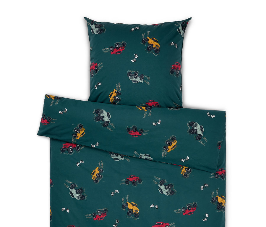 Zielona pościel z nadrukiem samochodów.
