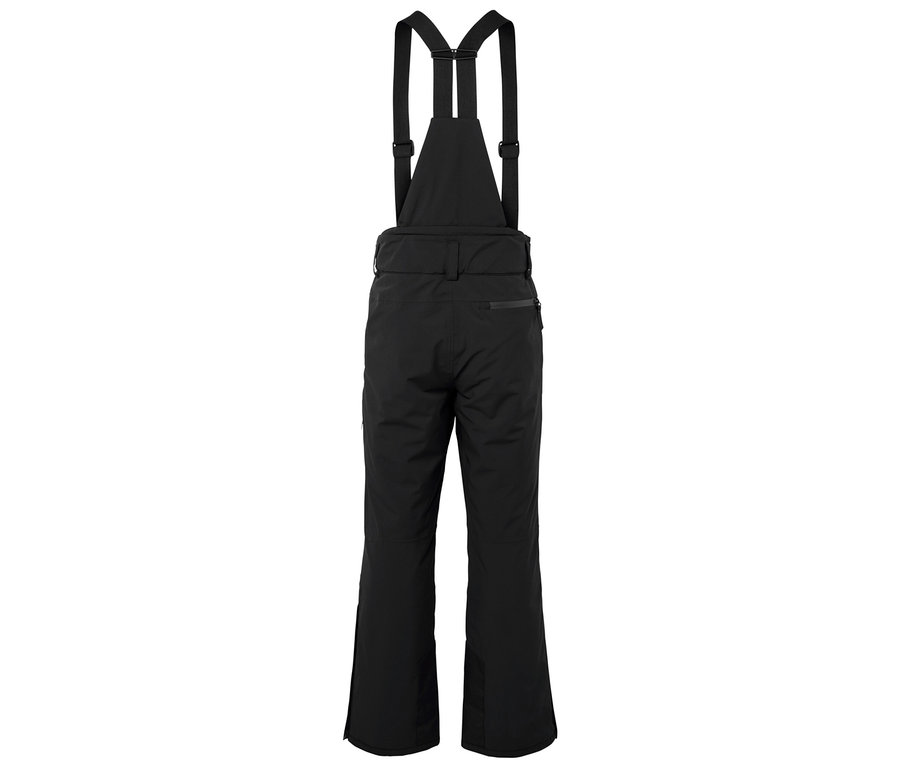 Czarne spodnie narciarskie na szelkach, widok z tyłu.