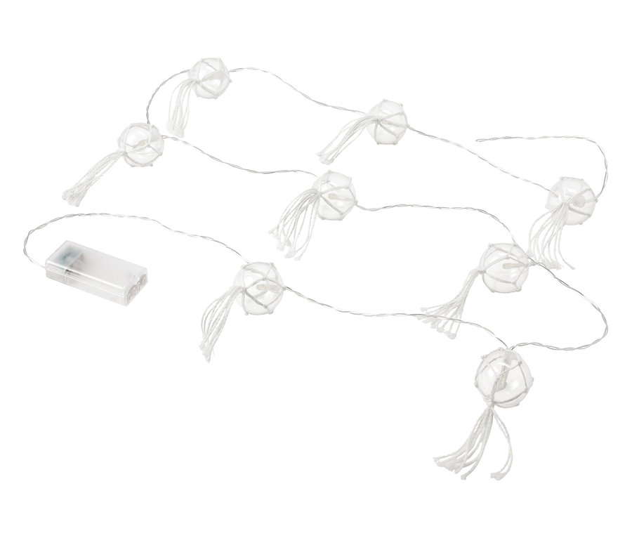 Łańcuch świetlny LED z kulkami na białym tle.