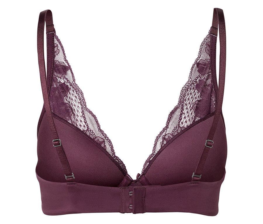 Szczegółowy widok z tyłu bordowego biustonosza z koronką.