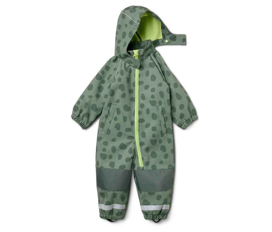 Zielony kombinezon z kapturem, ciemnozielonymi plamami i neonowo-zielonym zamkiem błyskawicznym na białym tle.