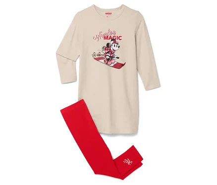 Beżowa koszula nocna z długim rękawem i czerwone legginsy z nadrukiem Myszki Minnie.