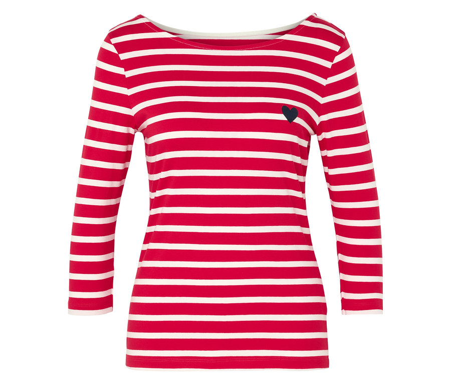 Czerwono-biała bluzka w paski z długim rękawem i małym czarnym sercem.
