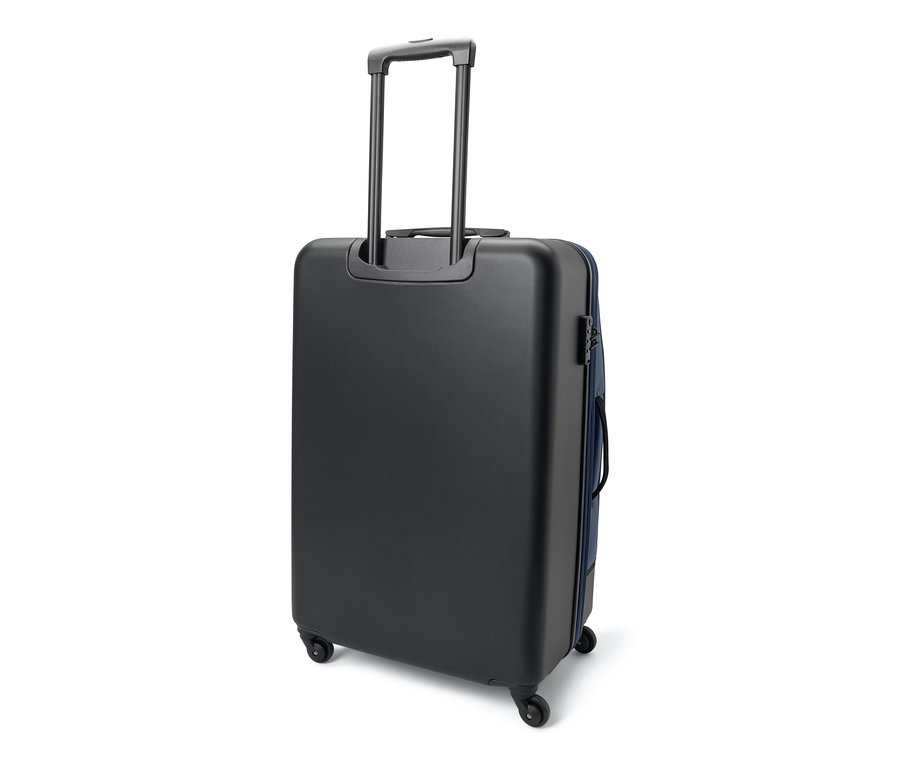Czarna walizka hybrydowa, duża, z teleskopową rączką.