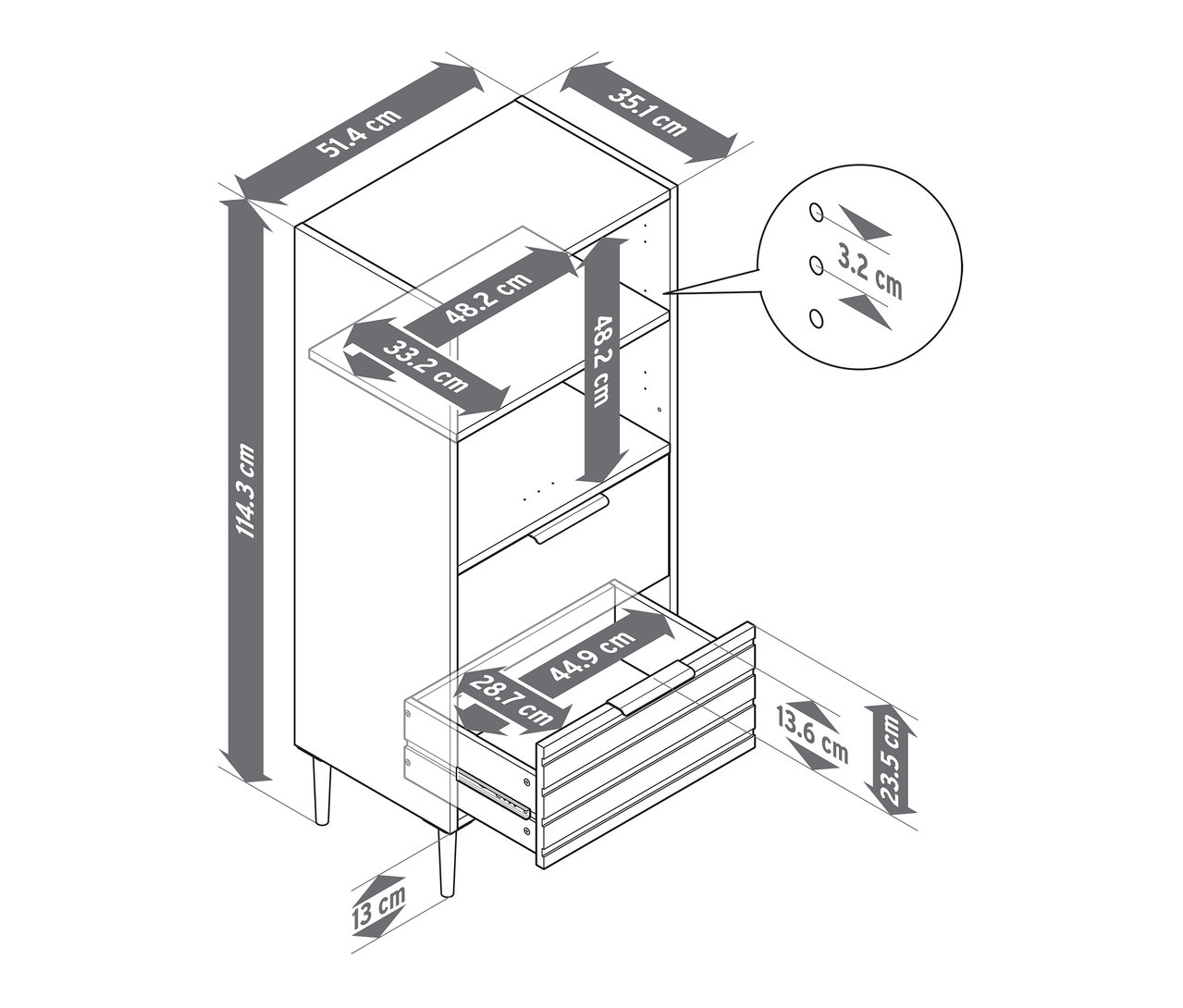 Ilustracja regału „BAAKEN” z 2 szufladami wraz z wymiarami.