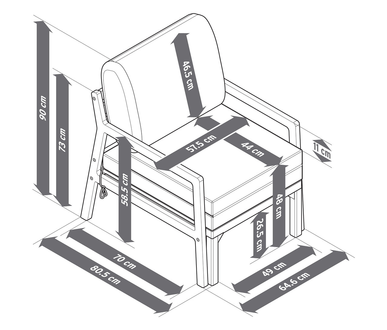 Szczegółowy schematyczny rysunek rozkładanego krzesła ogrodowego z wymiarami.