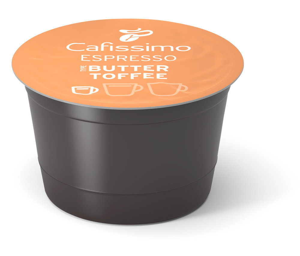 Pojedyncza kapsułka Cafissimo Flavoured Espresso - Buttertoffee na białym tle.