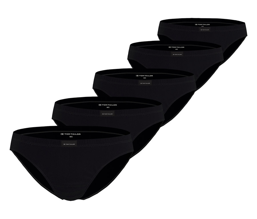 Pięć czarnych slipów Tom Tailor ułożonych ukośnie jeden na drugim.