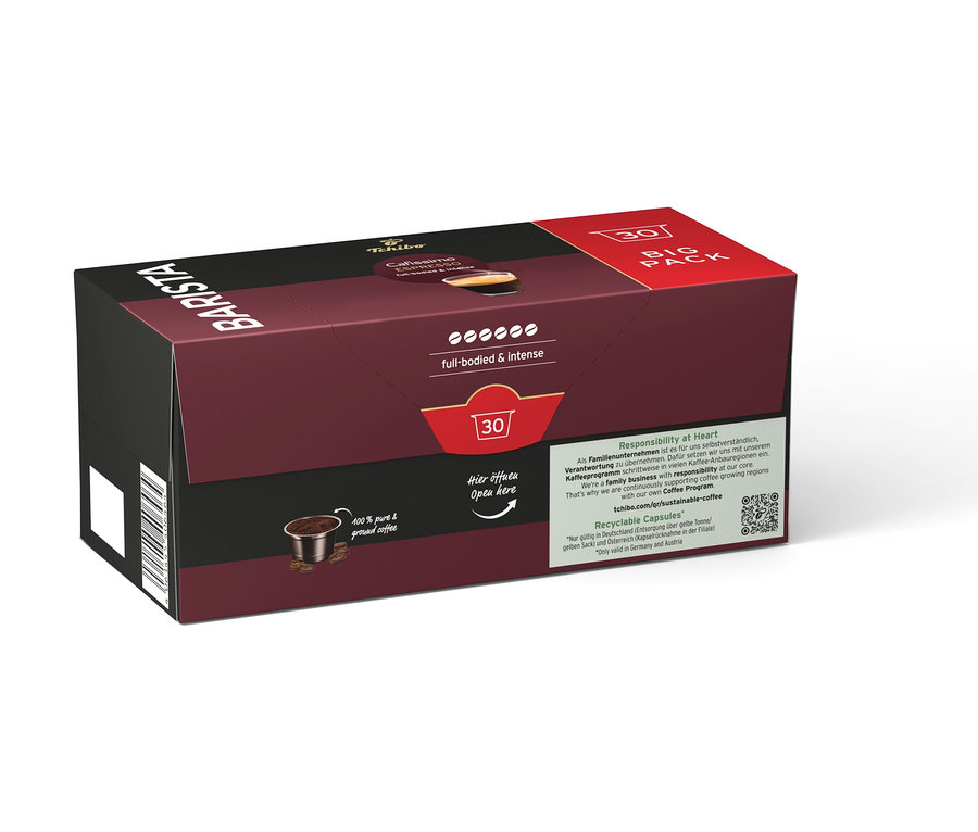 Ciemnoczerwone opakowanie kapsułek Tchibo Barista z napisem „full-bodied & intense” i napisem „Otwórz tutaj”.