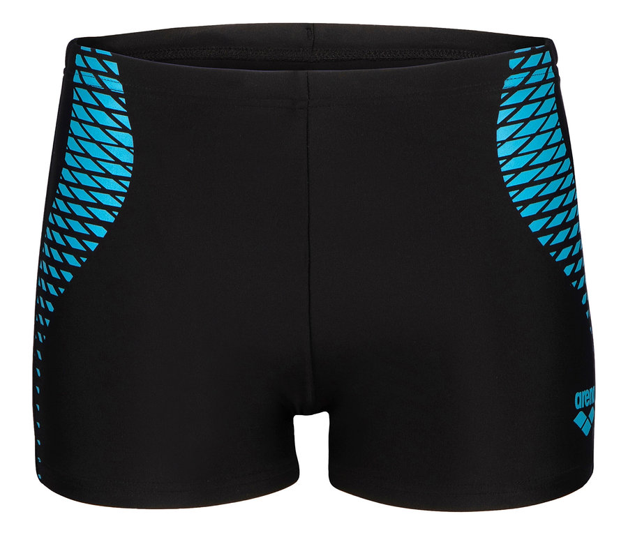 Czarne kąpielówki z niebieskim wzorem po bokach.