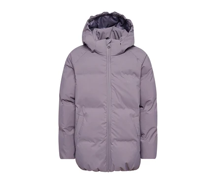Fioletowa kurtka puchowa hummel® »HMLJR All Weather Puffer Jacket« z kapturem, zamkiem i kieszeniami.
