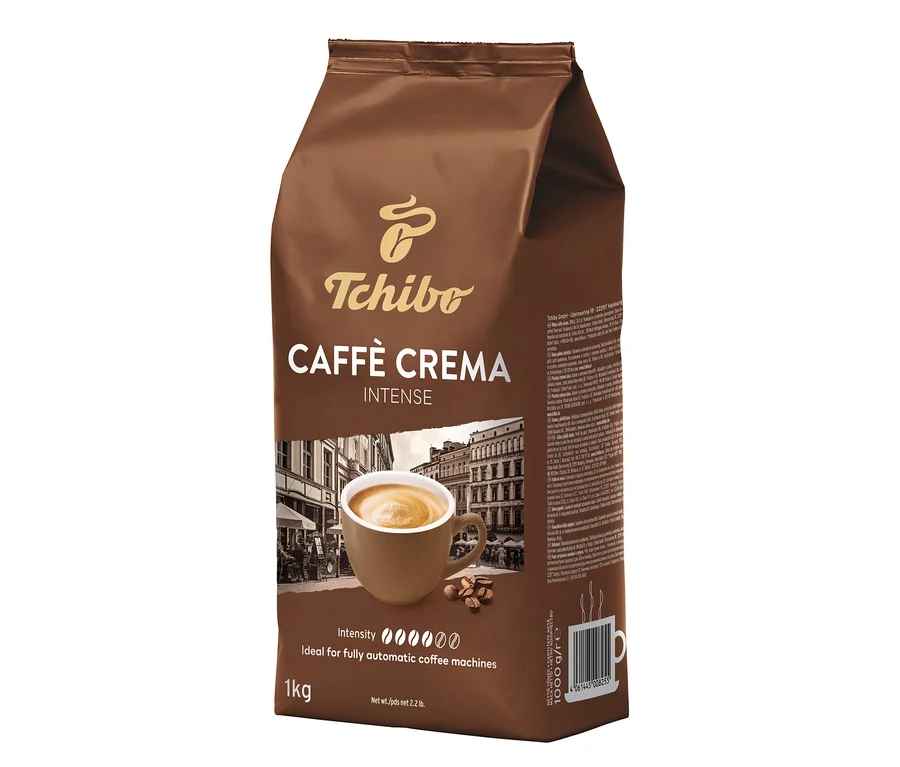 Brązowe opakowanie kawy ziarnistej Tchibo Caffè Crema Intense, 1 kg.