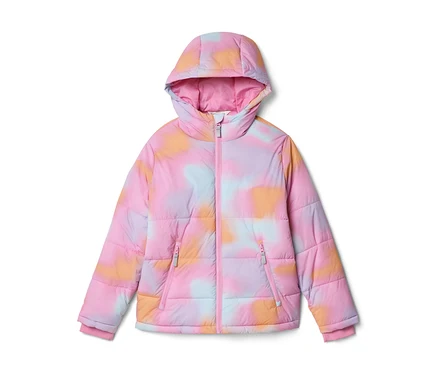 Dziecięca kurtka puchowa z kapturem, w kolorowy wzór tie-dye w odcieniach różu, jasnego błękitu, pomarańczu i fioletu, z różowym zamkiem błyskawicznym.