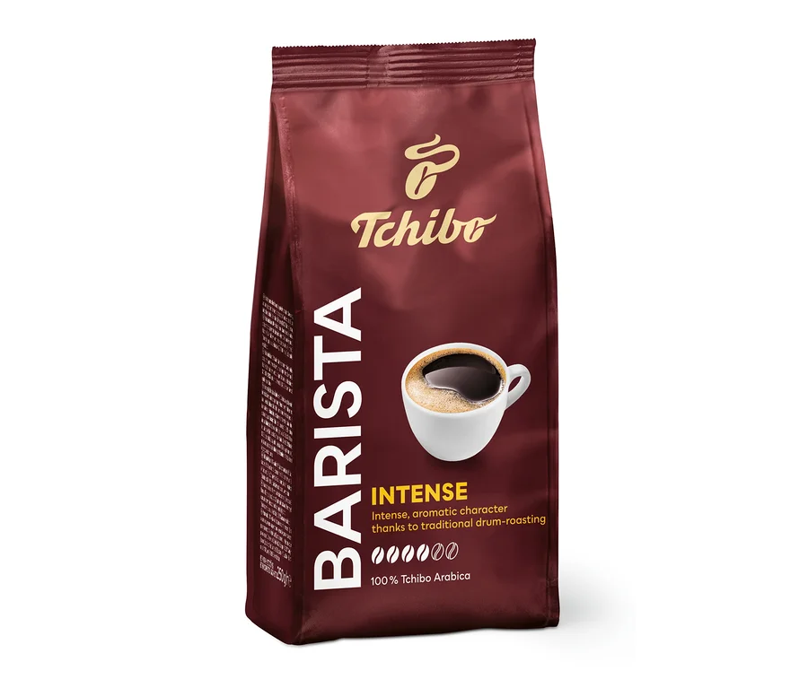 Paczka kawy palonej mielonej Tchibo Barista Intense. Na opakowaniu filiżanka kawy.