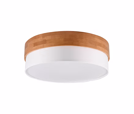 Okrągła lampa sufitowa Trio „Seasons” z drewnianą obwódką u góry i białym dyfuzorem.