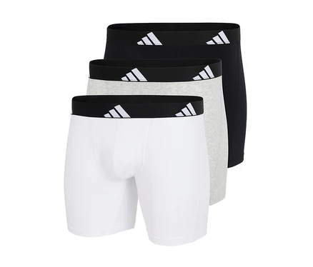 Trzy bokserki adidas Active Flex Cotton w kolorach białym, szarym i czarnym, z czarnym pasem i białym logo adidas.