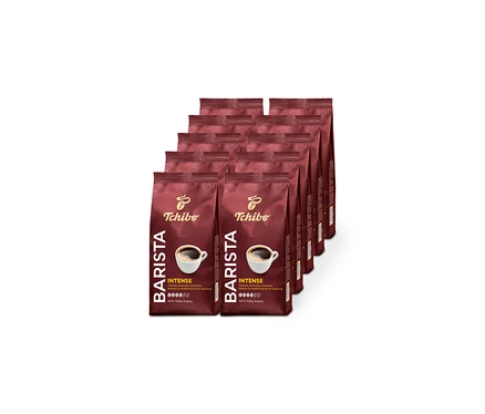Rzędy opakowań kawy Tchibo Barista Intense.