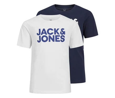 Dwie koszulki z logo Jack&Jones Corp, jedna biała z niebieskim logo, druga granatowa, ułożone jedna na drugiej.