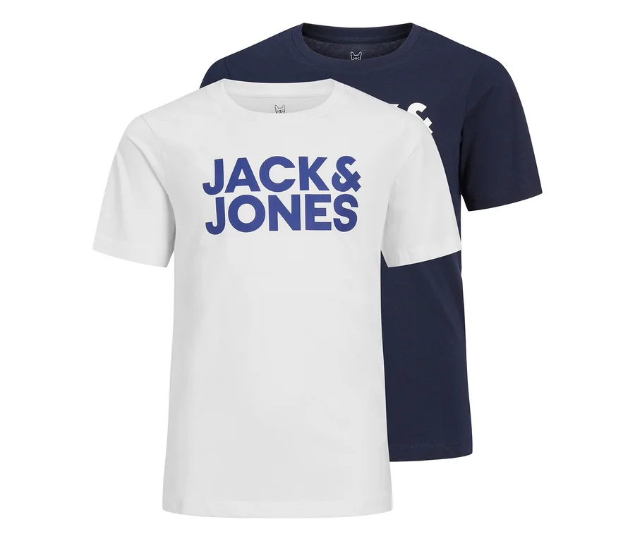 Dwie koszulki z logo Jack&Jones Corp, jedna biała z niebieskim logo, druga granatowa, ułożone jedna na drugiej.
