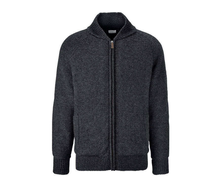 Ciemnoszary kardigan na podszewce zapinany na zamek błyskawiczny.