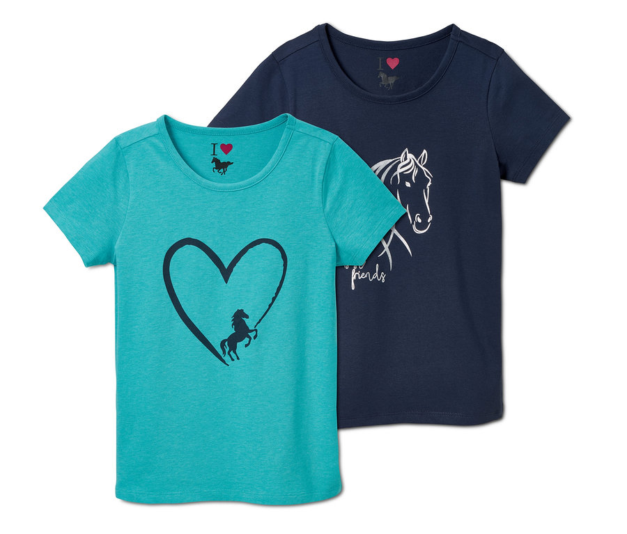 Dwa T-shirty: turkusowy z koniem w sercu i granatowy z rysunkiem głowy konia.