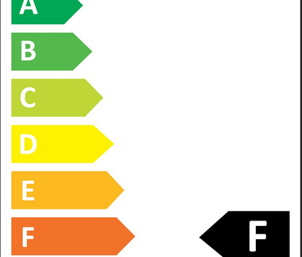Etykieta energetyczna z klasami od A do G, przy czym produkt należy do klasy F.