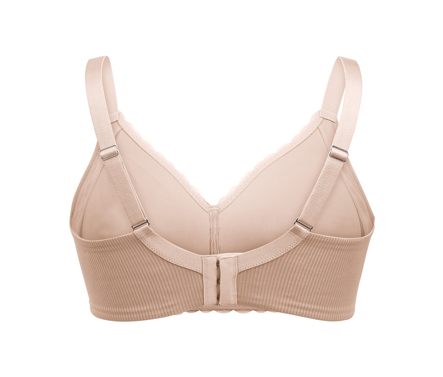 Widok z tyłu beżowego miękkiego biustonosza.