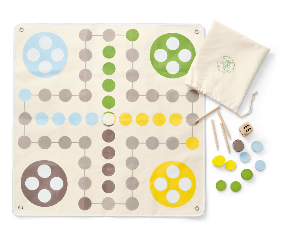 Plansza do gry w Ludo XL z kolorowymi pionkami, kostką i płóciennym workiem.