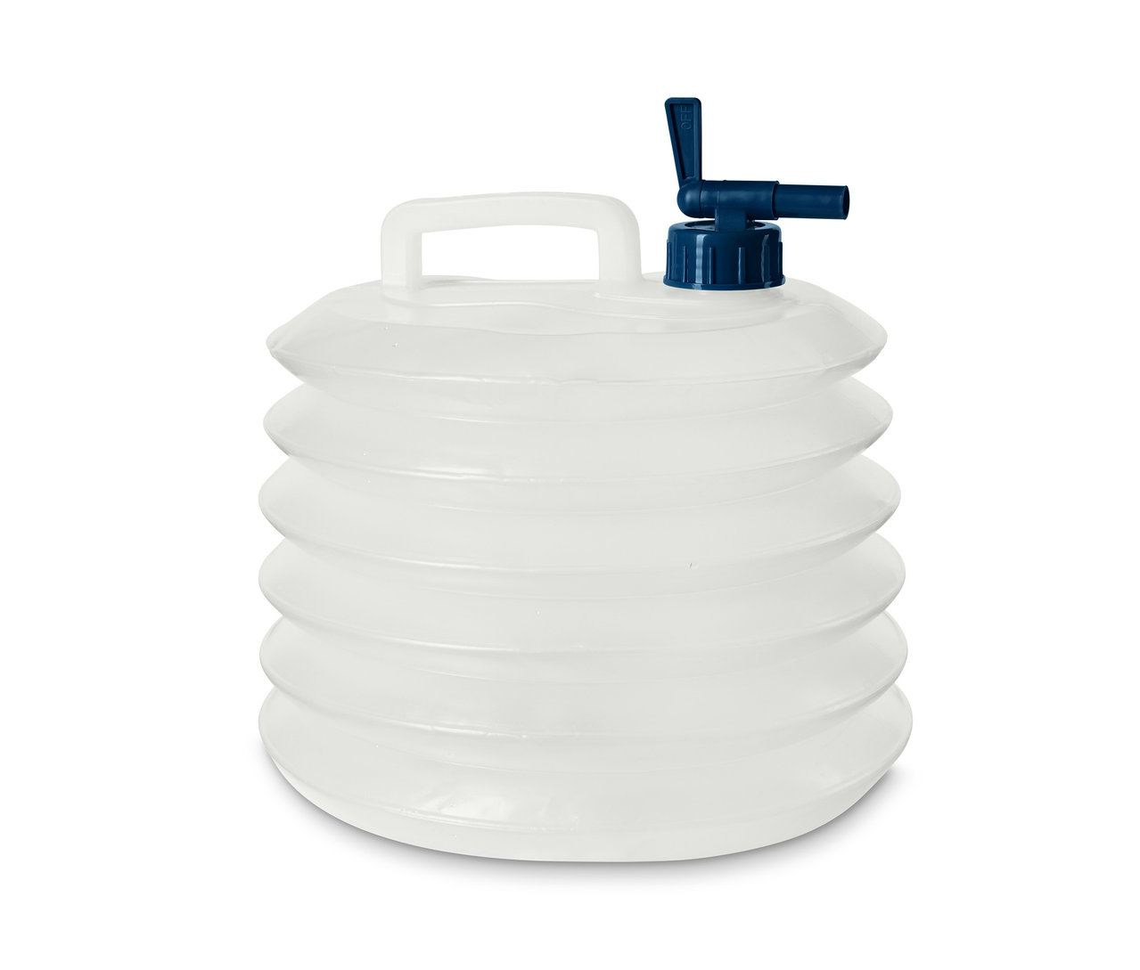 Pusty, składany kanister na wodę z niebieskim kranem.