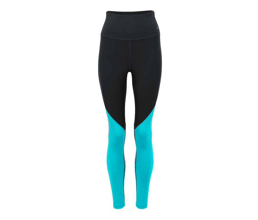 Czarne legginsy sportowe o długości 7/8 z turkusowymi detalami.
