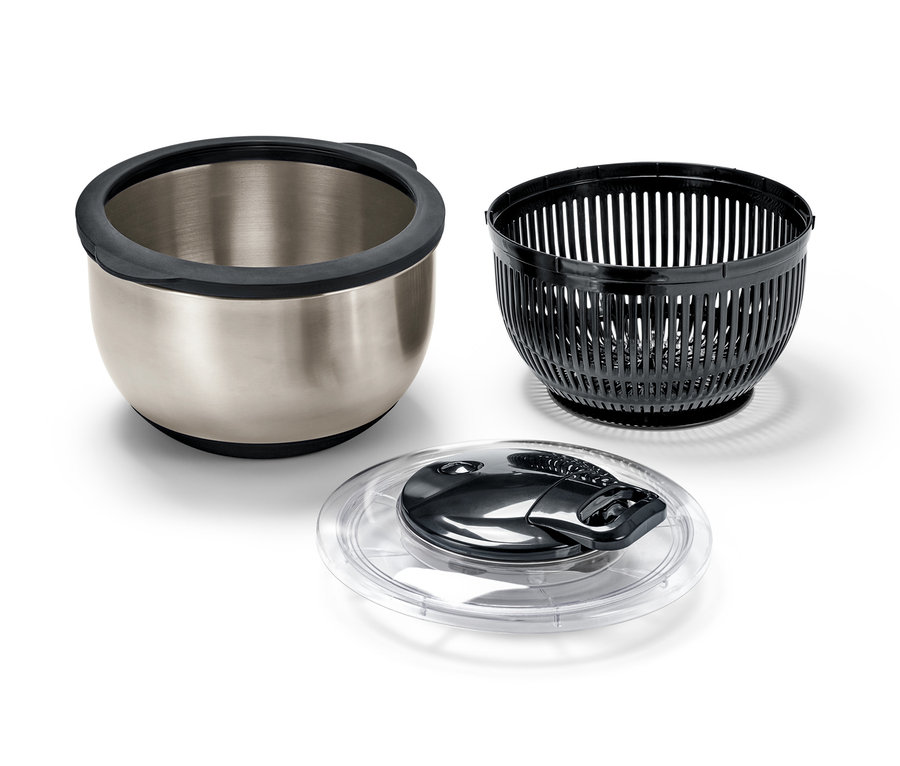 Wirówka do sałaty ze stali nierdzewnej z pokrywką, rozłożona na trzy części.