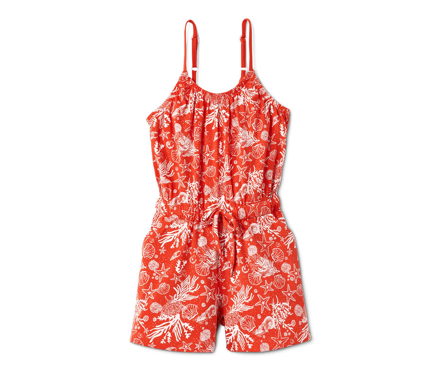 Pomarańczowy kombinezon z białym nadrukiem muszelek, rozgwiazd i koralowców.