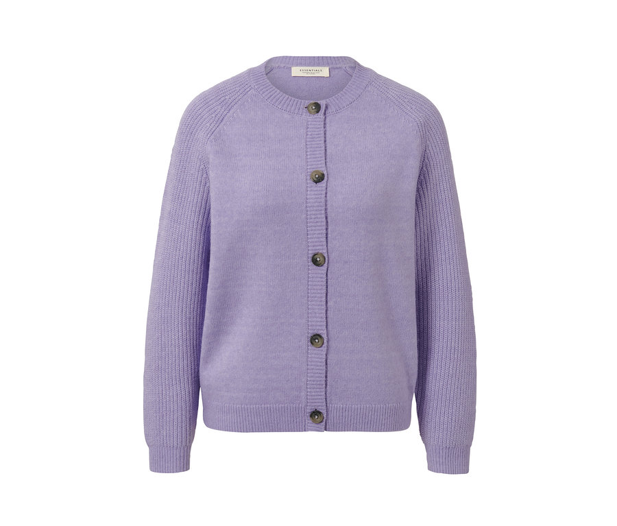 Fioletowy kardigan dzianinowy z guzikami.